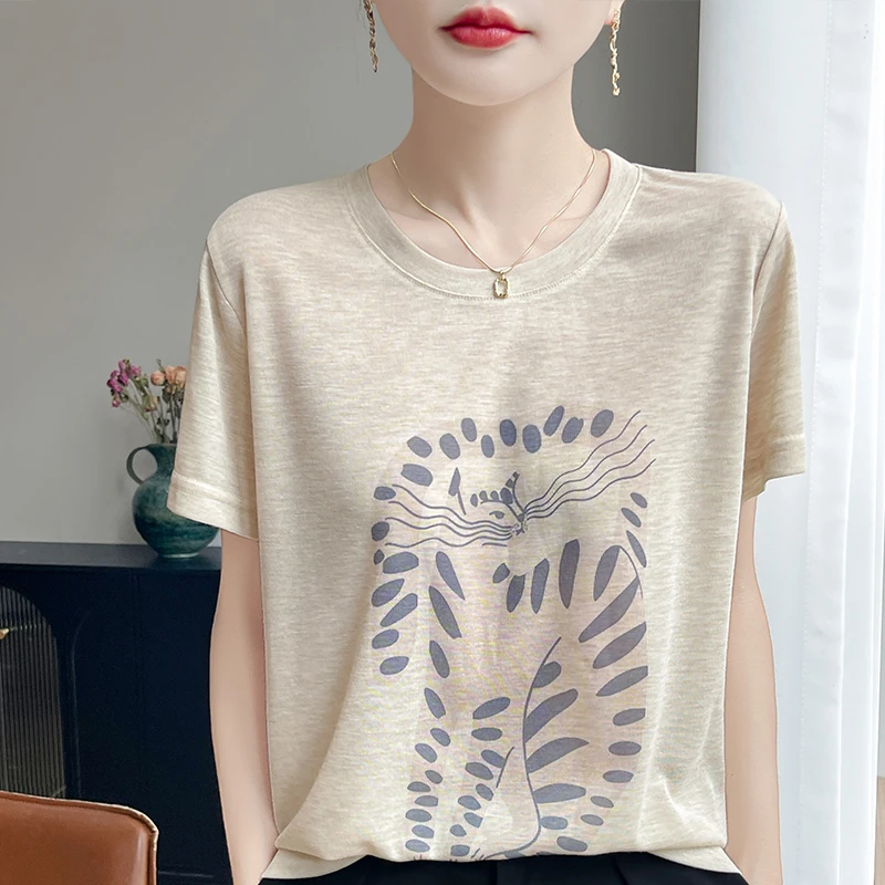 织韵【面膜T】3D纳米印染莱赛尔丝夏季气质短袖翘尾猫YTM-A107