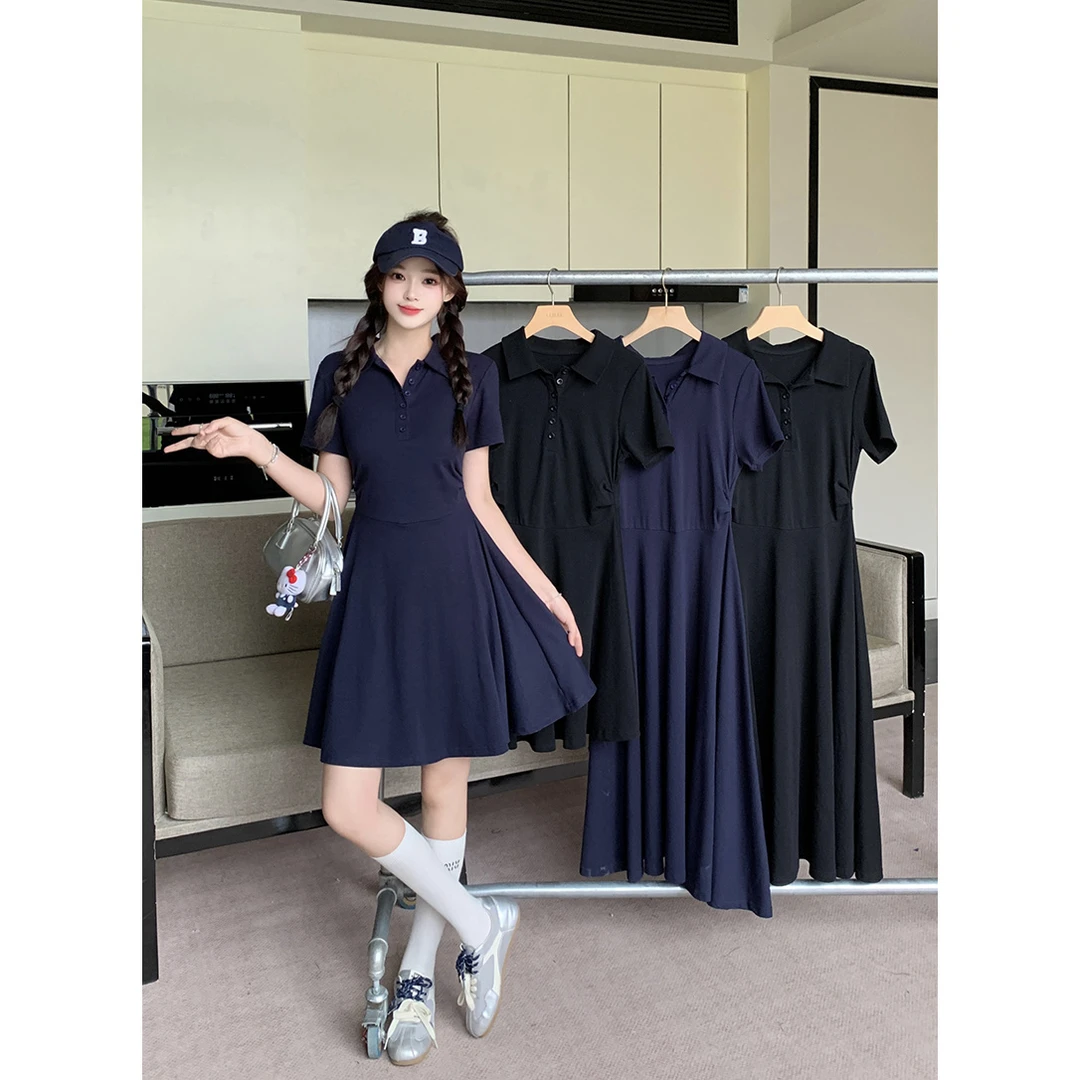 2025夏季新款夏装胖mm大码女气质休闲polo领收腰显瘦长短款连衣裙