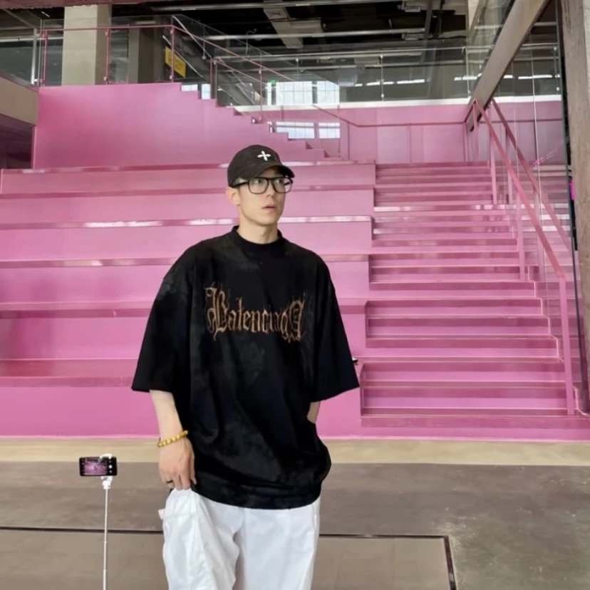 99新 Balenciaga/巴黎世家 3371/SS23 黑色Logo印花短袖T恤/S码