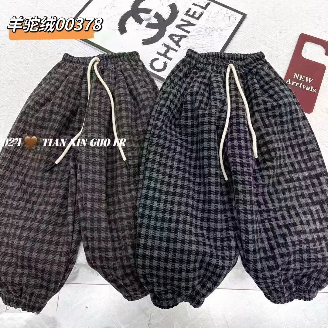 2024新款加绒裤子秋冬时髦洋气格子宽松保暖裤男女童冬天卫裤