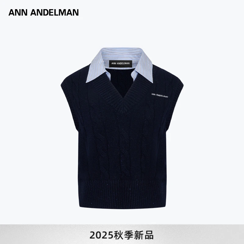 ANN ANDELMAN 毛衣女秋冬学院风扭花宽松拼接领针织背心
