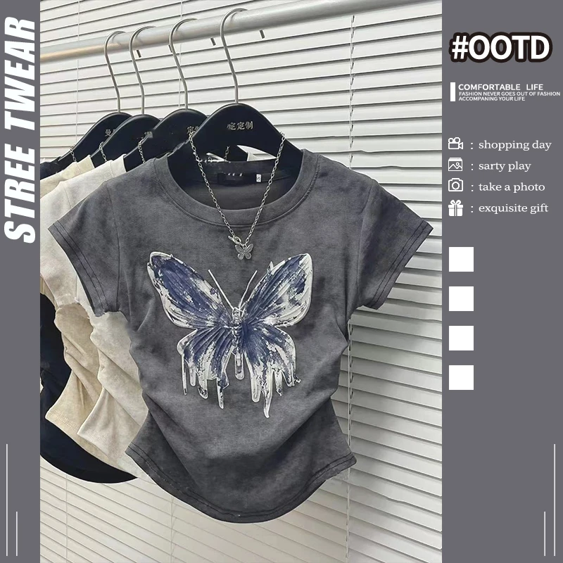 扎染蝴蝶正肩短袖T恤女2025夏季新款设计感修身复古显瘦短款上衣
