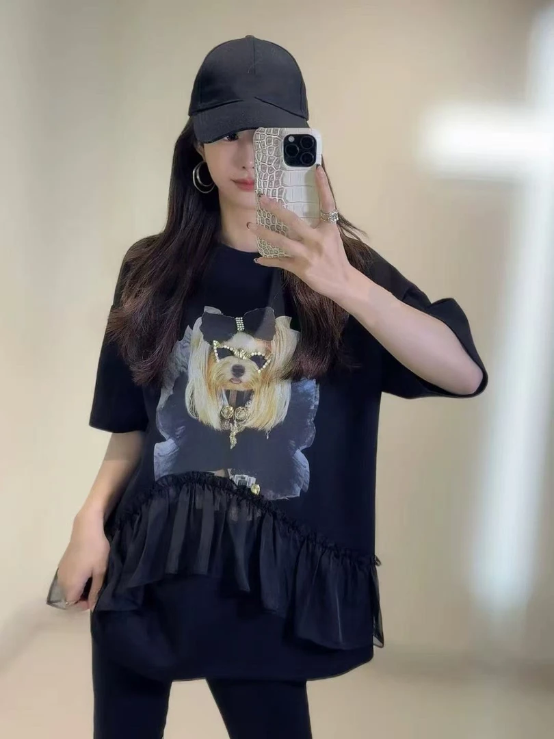 【1033】予#重工艺图案拼接圆领宽松上衣