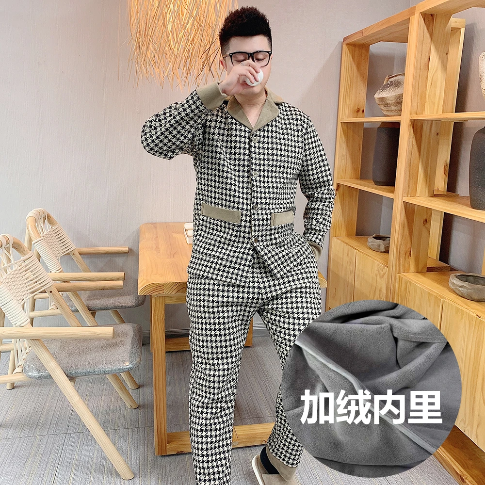 千鸟格长袖加厚睡衣套装2025秋冬高品质奢华可外穿家居服两件套男