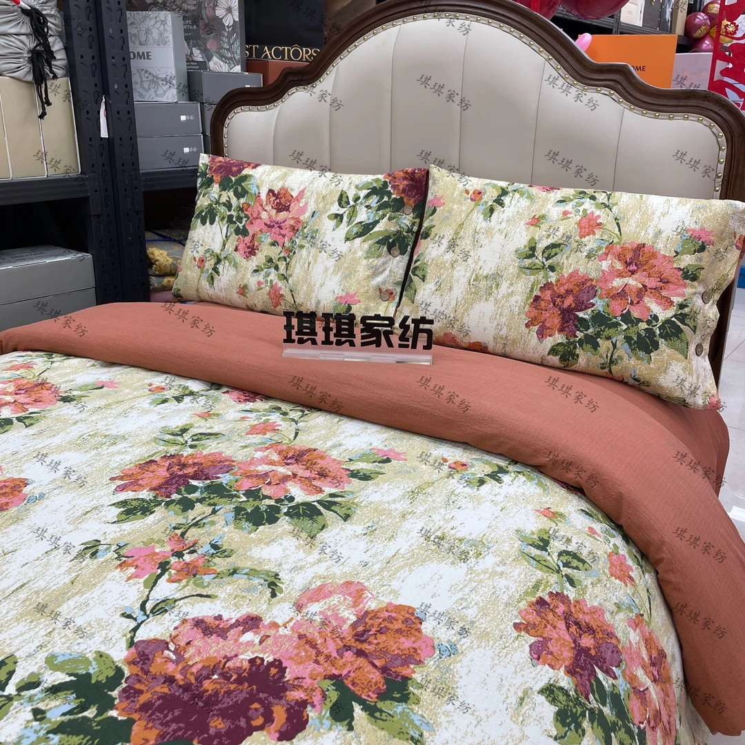 精品亲肤棉四件套--磨砂玫瑰印花加厚美式夹棉欧式田园风斜纹