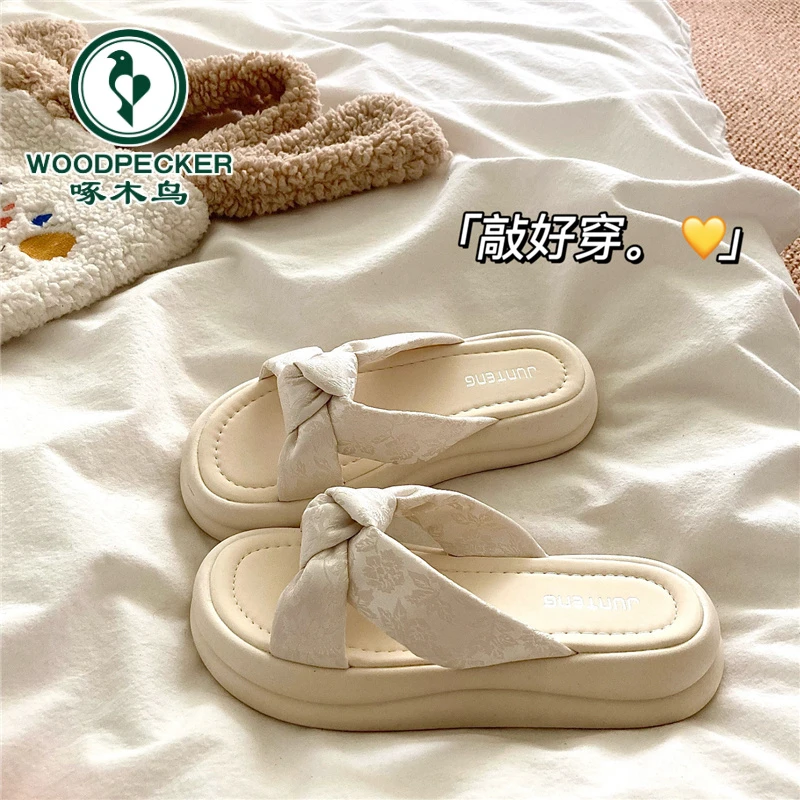 啄木鸟法式慵懒~！小众设计厚底一字拖鞋女夏季外穿增高防滑凉拖鞋