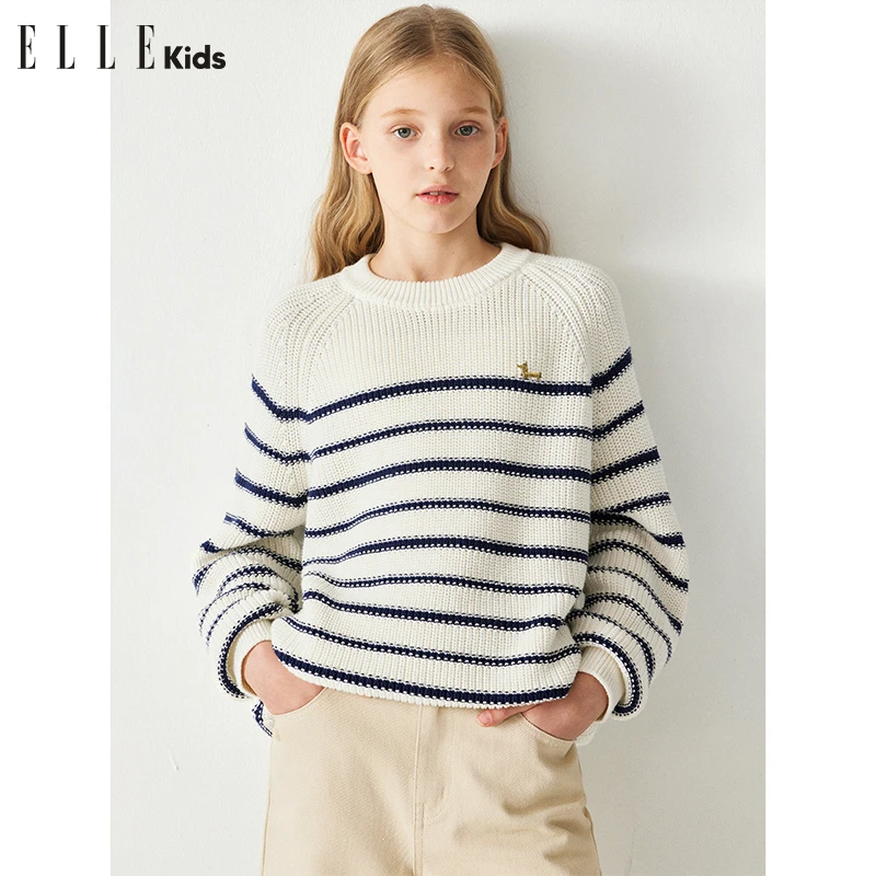 ELLE KIDS童装经典条纹慵懒宽松针织衫女童春季插肩袖套头毛衣S1