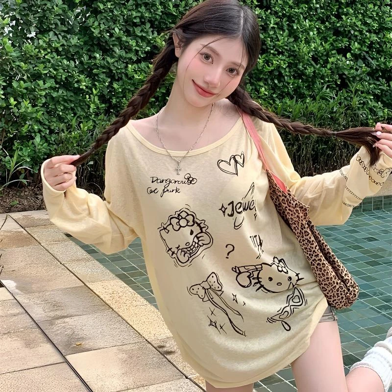设计感新款防晒T恤女薄款卡通印花夏季新款宽松慵懒风长袖罩衫
