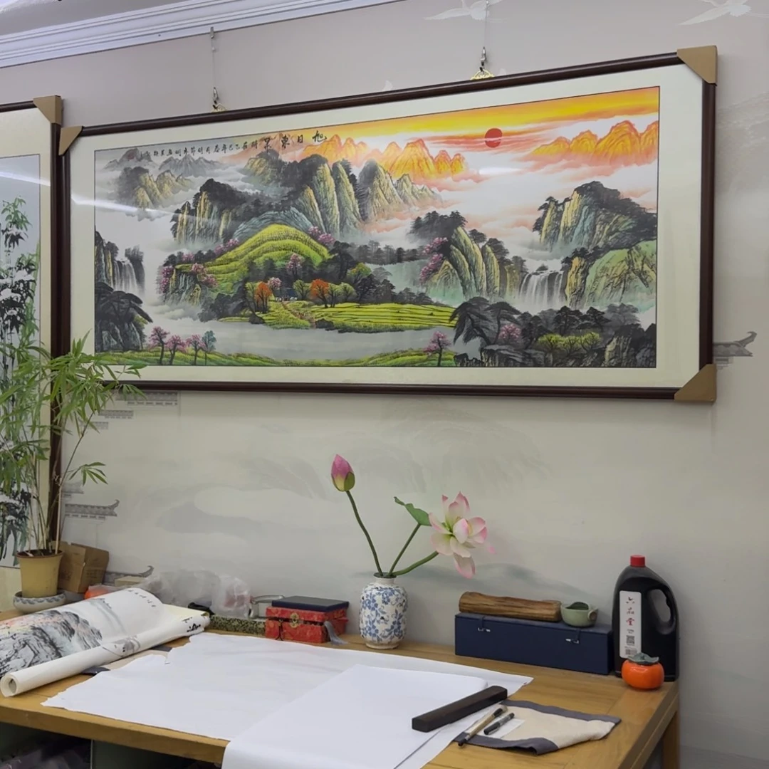 国画旭日东升六尺成品画框205×85