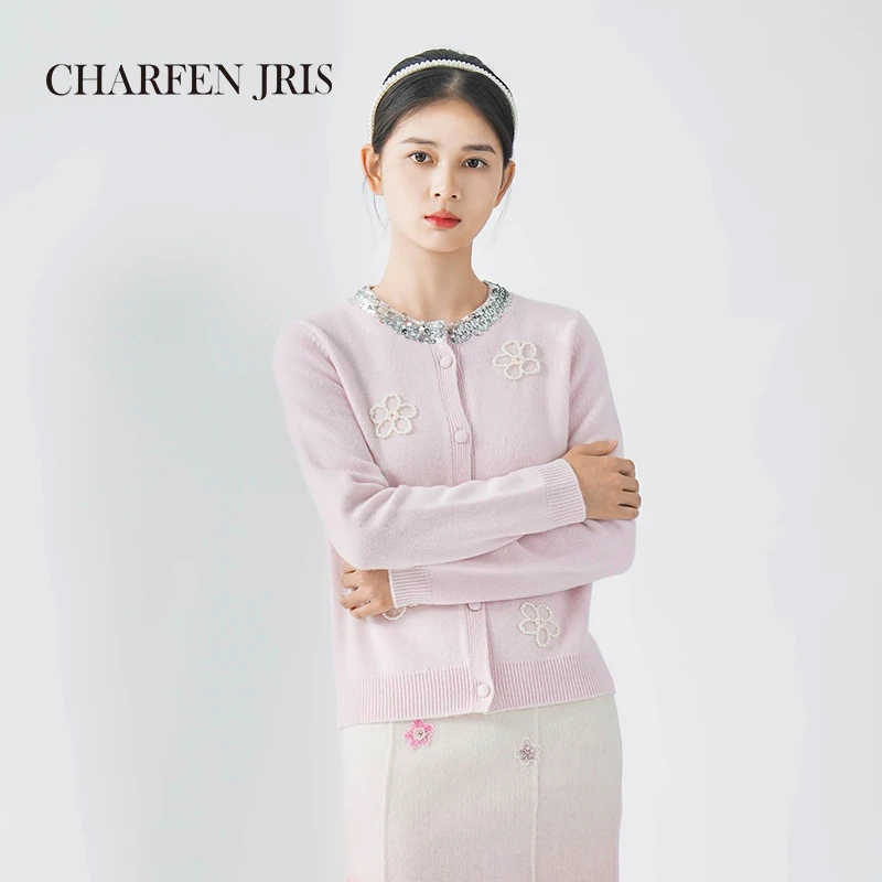 【媛媛专享】朝峰冬季时尚百搭提花毛织开衫衫FJE5E680-6110J