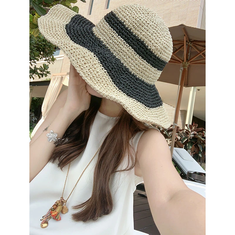A美洋MEIYANG 可可卷草编帽【一秒入夏】 法式风情_撞色遮阳渔夫帽