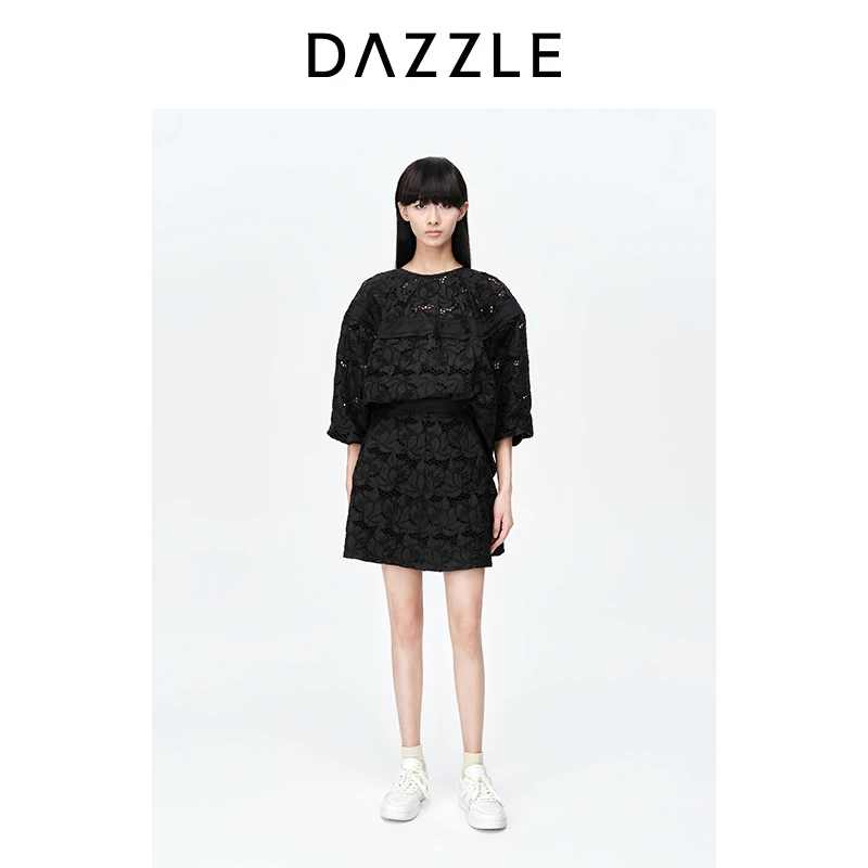 DAZZLE地素刺绣衬衫23秋装新款黑色重工镂空水溶绣花女2H1D541