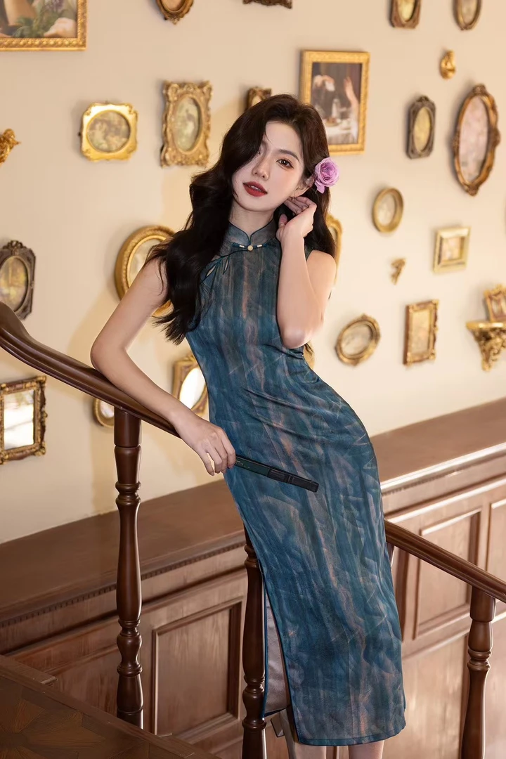 修身无袖优雅夏季印花日常显瘦包臀裙中长款旗袍提花绿色气质