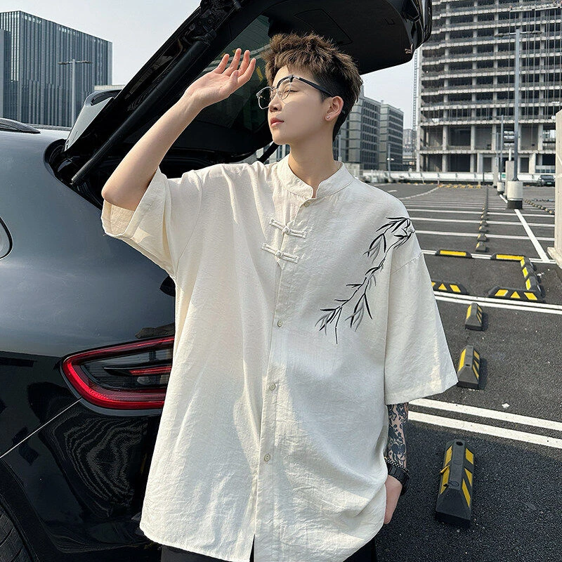 新中式男装竹叶刺绣立领短袖衬衫男高级感亚麻外套夏季特大码衬衣