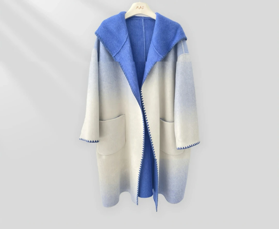 韩版渐变贝壳纹双面呢大衣连帽中长款气质外套