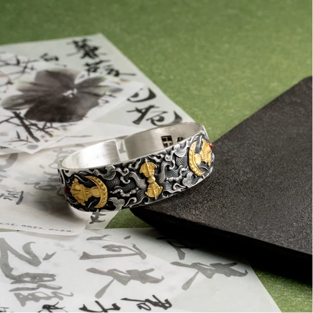 足银手镯  藏传传家丨纯手工錾刻金银错工艺开口镯约82g