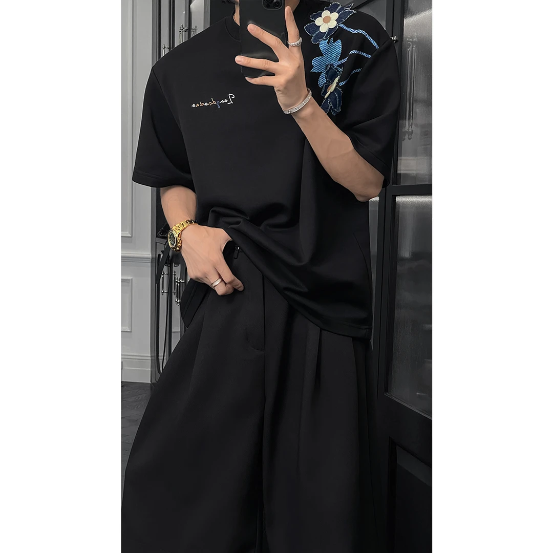 龙叨叨夏季新品美式潮牌贴布绣花朵设计T恤重磅百搭情侣短袖上衣