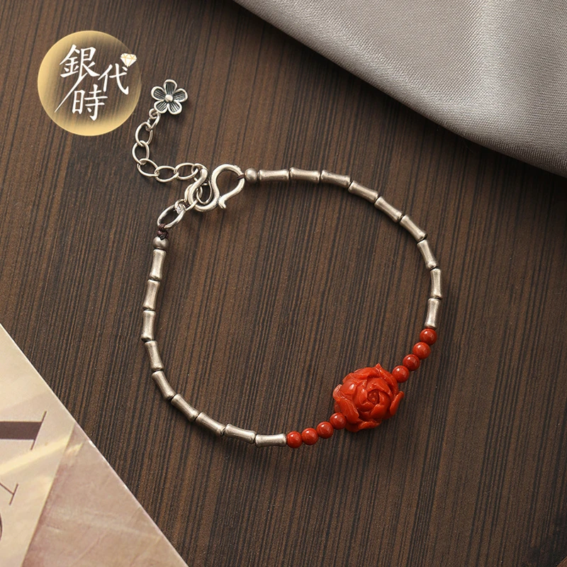 银时代S925银国风复古竹节南红山茶花手链