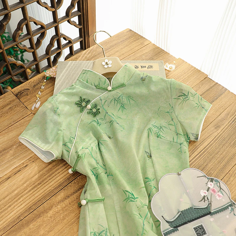 俏娘鱼新中式国风旗袍连衣裙新款复古风淑女绿色碎花短袖改良日常