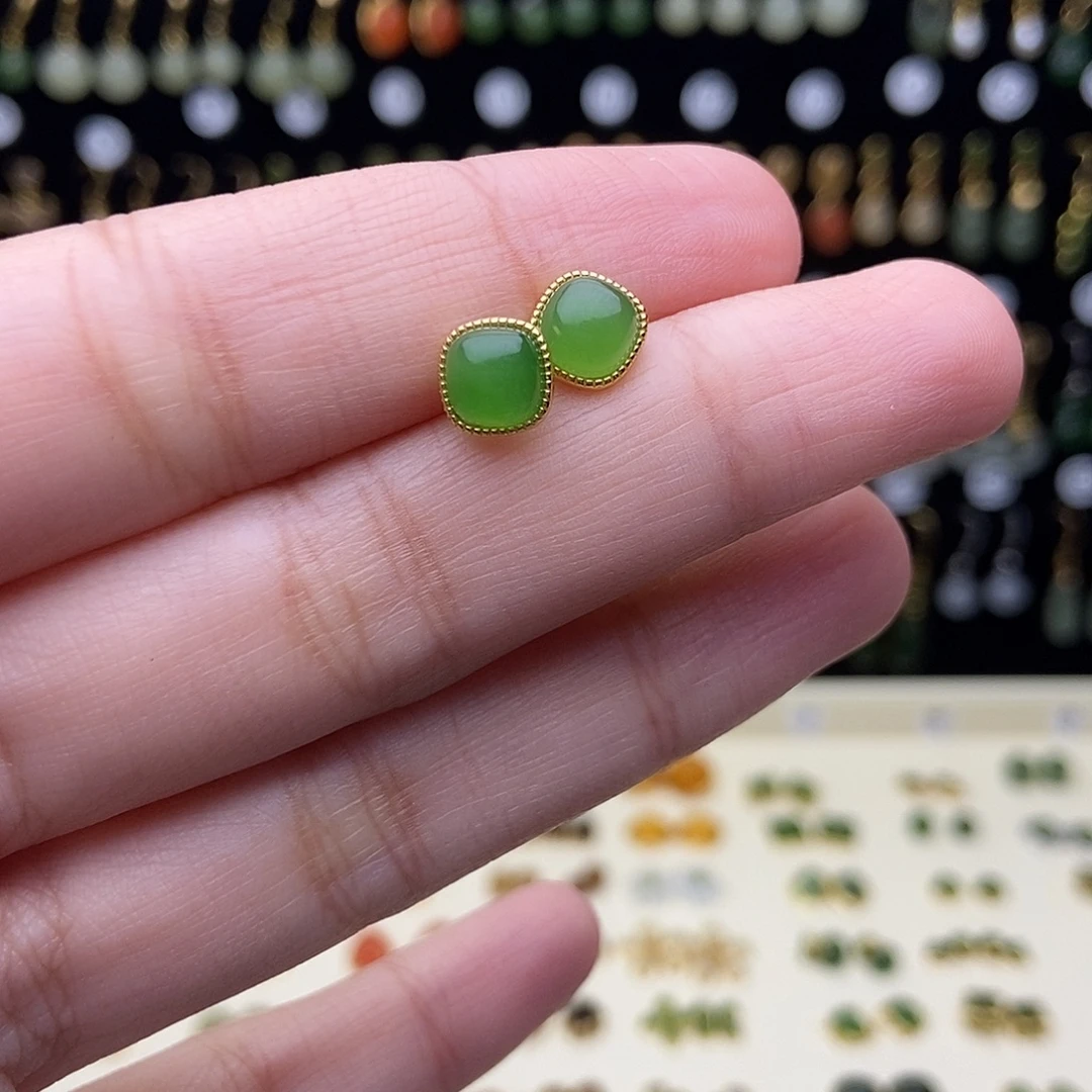 和田玉银S925镀金镶嵌耳饰