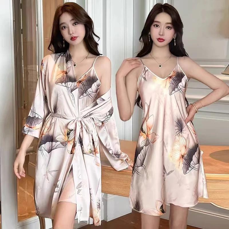 新中式国风花朵印花两件套睡袍家居服睡裙女和服睡衣女家居服套装