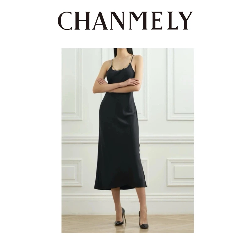 【CHANMITY】24/ss丝缎礼服小黑露背显瘦吊带连衣裙0241044