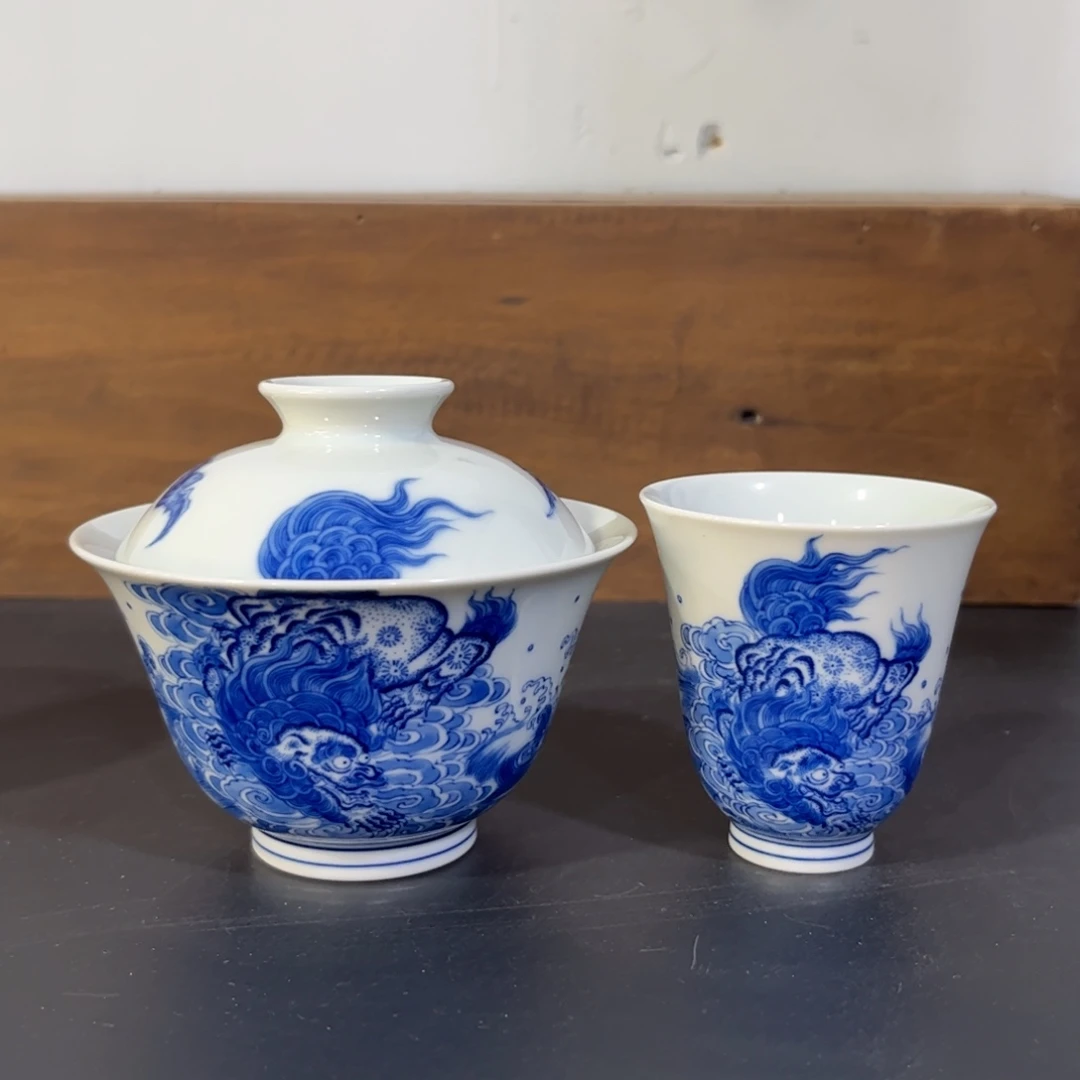 仿清青花狮子踏浪两件套 可拆分