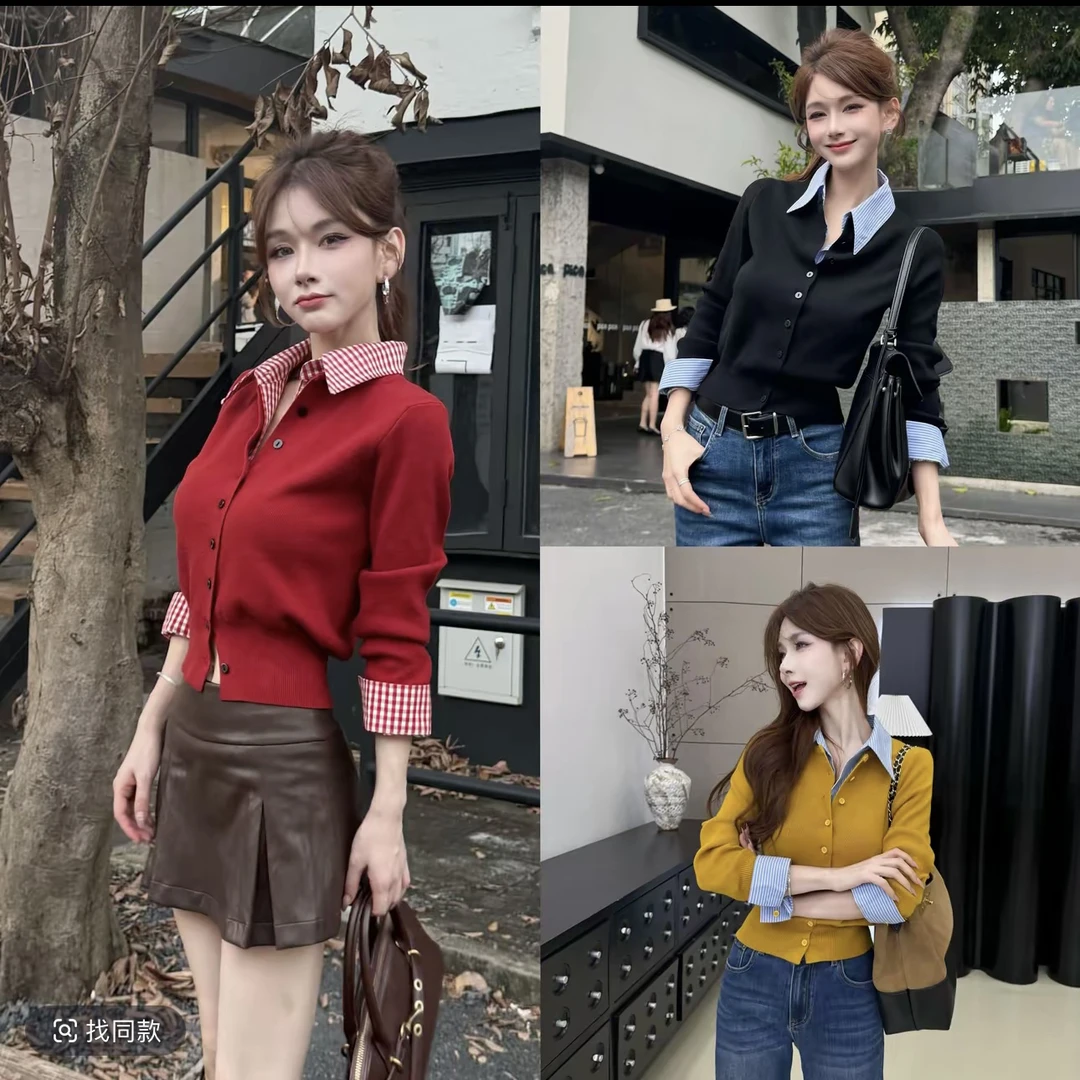 【矜蓝织构】条纹拼接外搭修身假两件打底开衫上衣