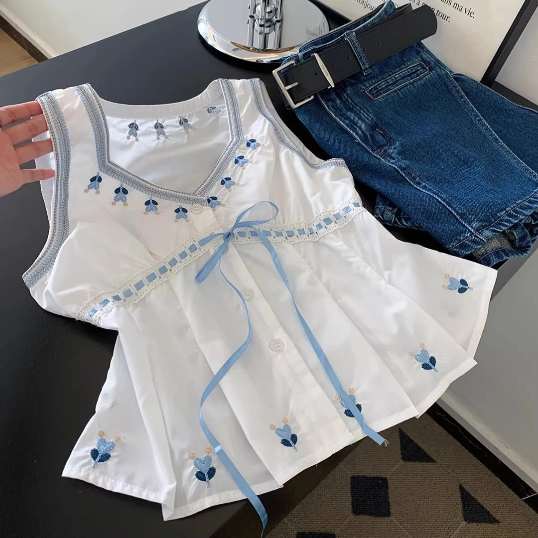 AMI.FS 2025夏季新款蝴蝶结无袖衬衫宽松V领设计感独特绝美上衣