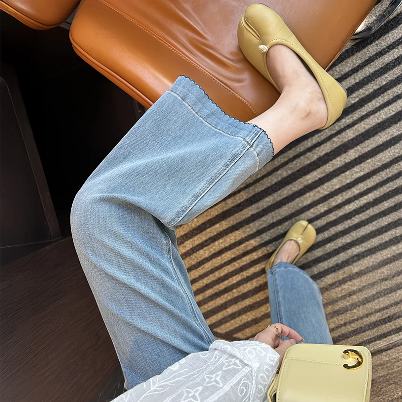 刺绣花边微喇裤女2025秋季新款胖mm高腰显瘦小个子阔腿九分牛仔裤