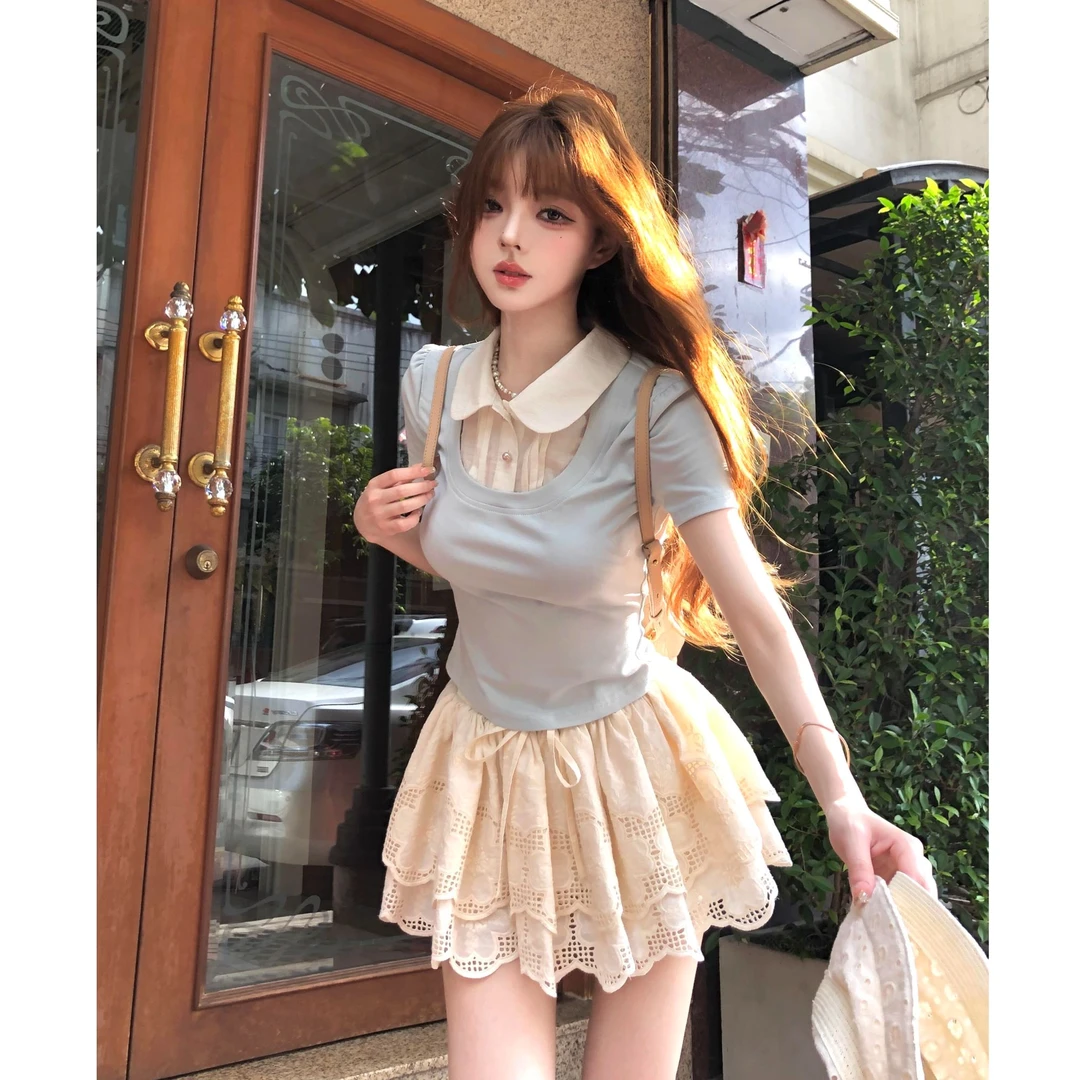 韩系甜美少女2025夏季新款减龄显瘦假两件T恤上衣配高腰短裙套装