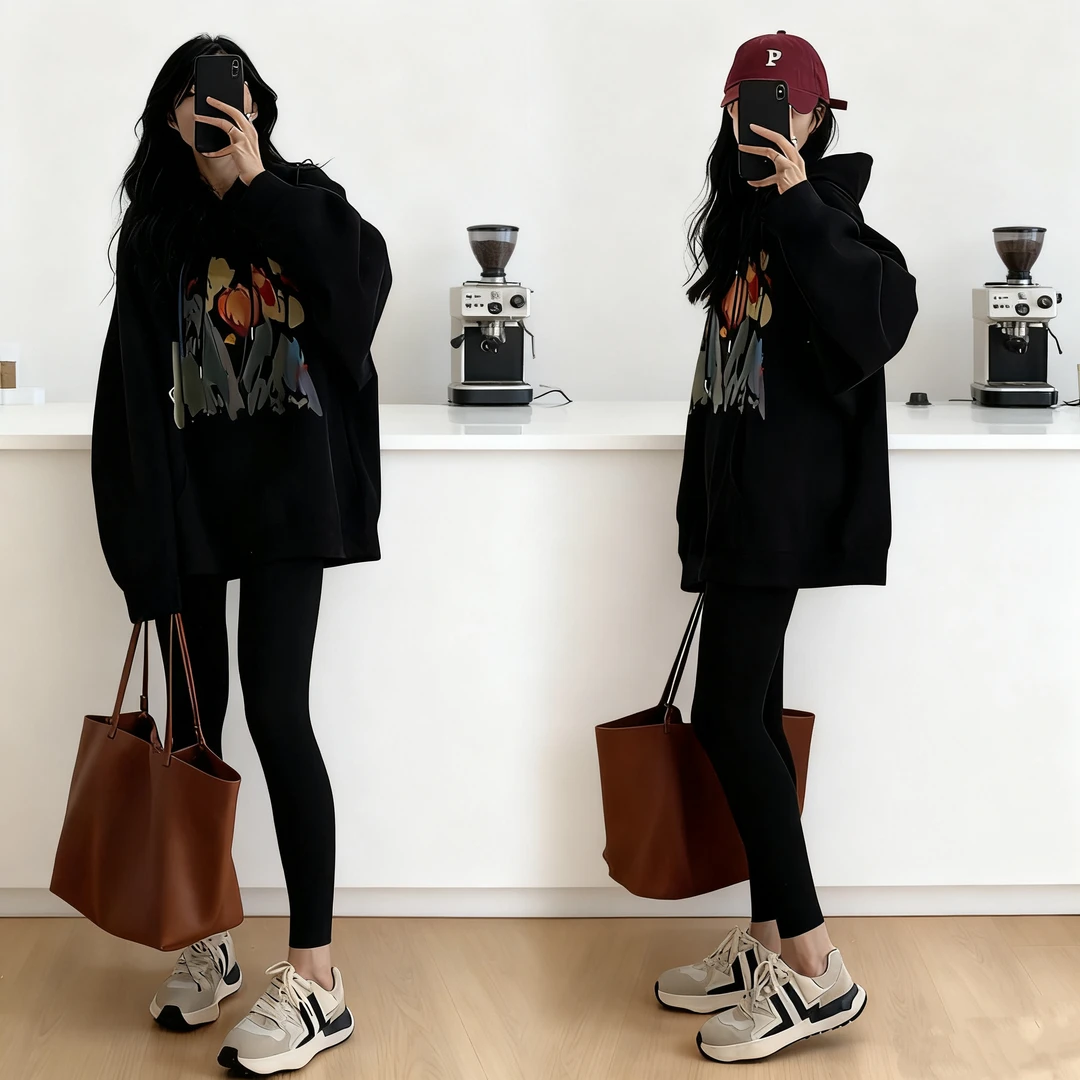 高级感早秋黑色连帽卫衣女中长款秋冬季韩版宽松百搭加绒长袖外套