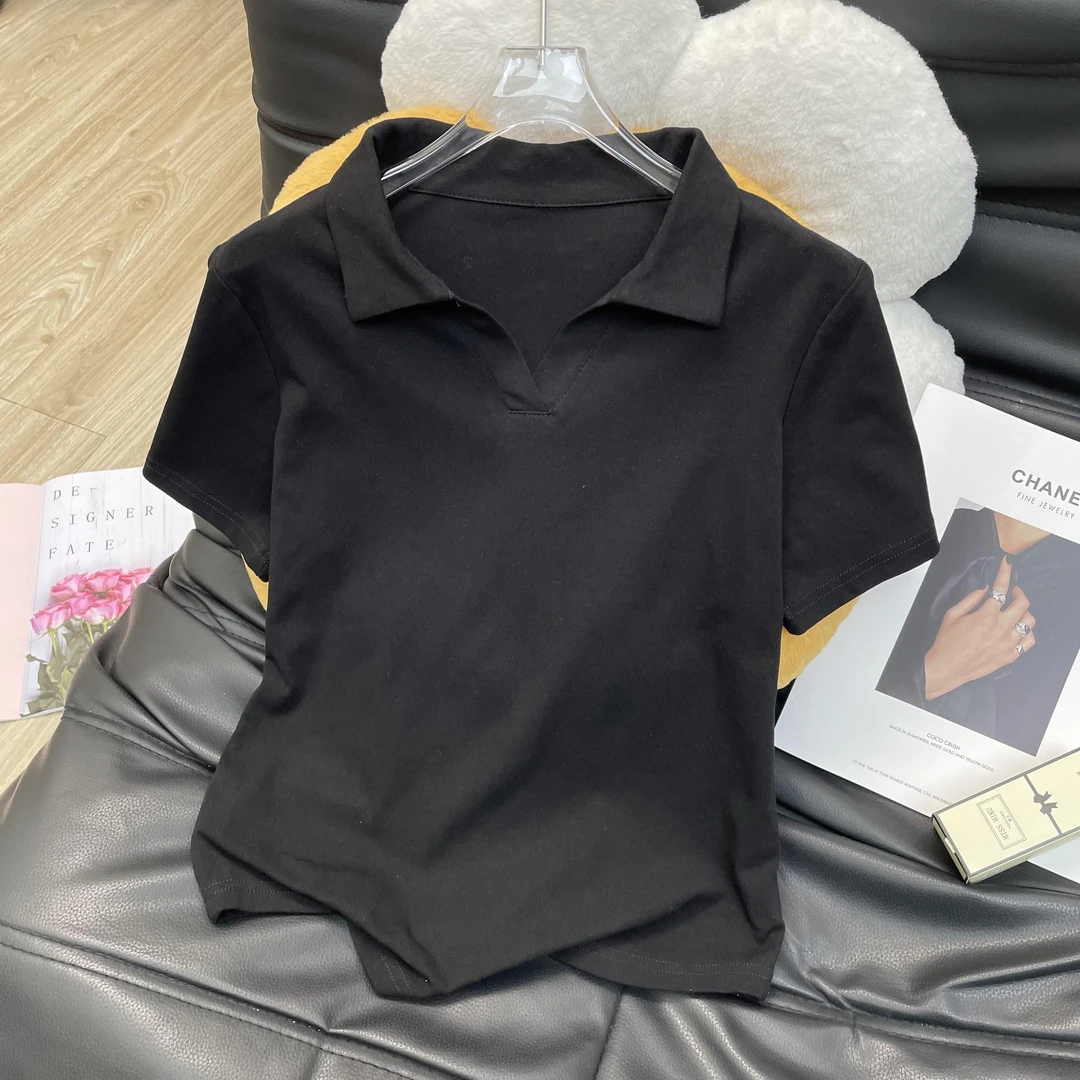 特大码200斤独特纯色V领正肩短袖T恤女夏季ins百搭黑色翻领上衣潮