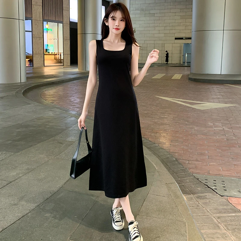 连衣裙女小个子黑色无袖背心裙时尚遮肚显瘦中长款内搭打底懒人裙