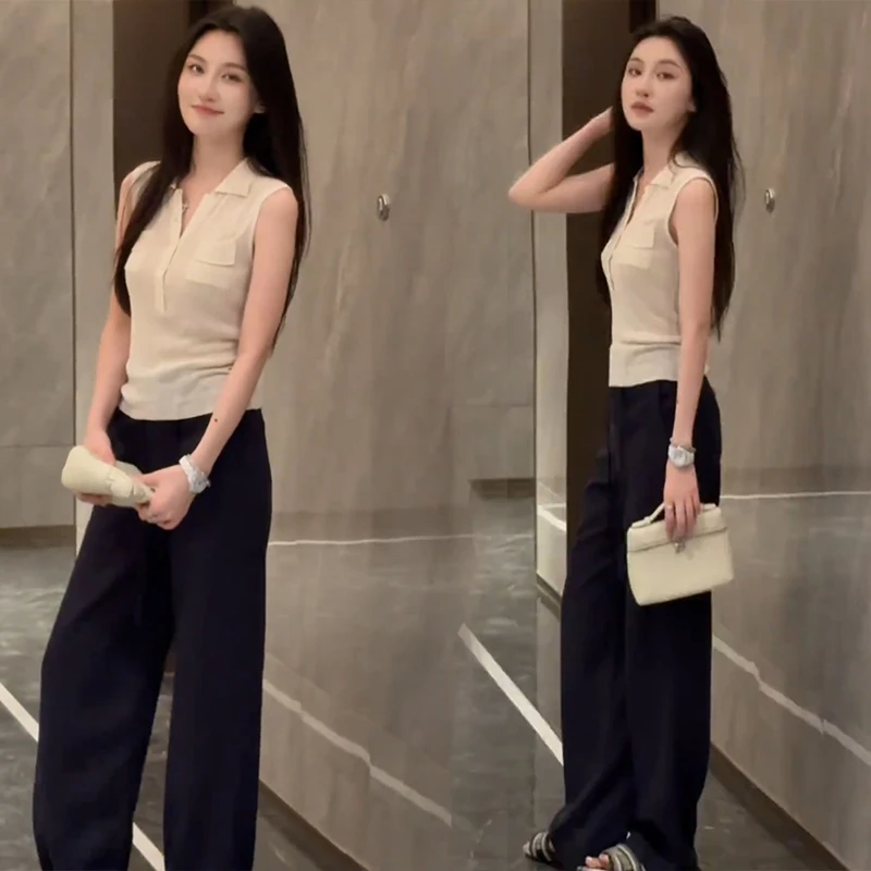 简约纯色夏季穿搭一整套2025翻领无袖针织衫背心直筒休闲裤两件套