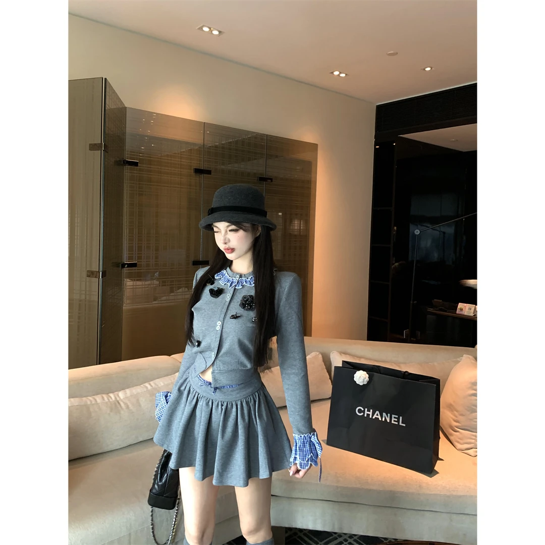 法式miu系千金公主风减龄针织开衫上衣+拼接蓬蓬短裤裙半身裙套装