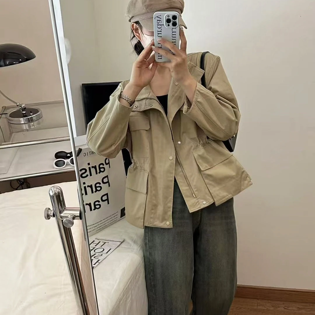 泡菜国 翻领拉链内抽绳收腰薄款外套女春新款休闲工装夹克上衣
