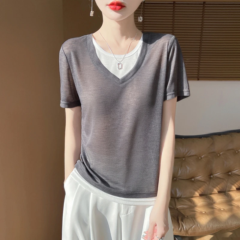 精纺假两件T恤夏季薄款拼色短袖女休闲宽松百搭显瘦显瘦洋气半袖