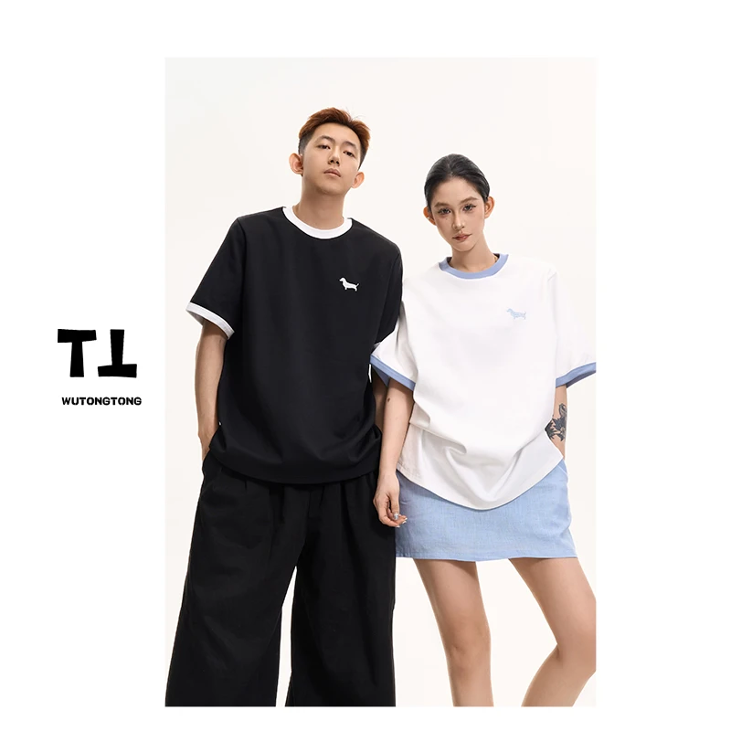 现货【长条小狗】夏季圆领卡通刺绣短袖T恤衫女百搭净版上衣62356