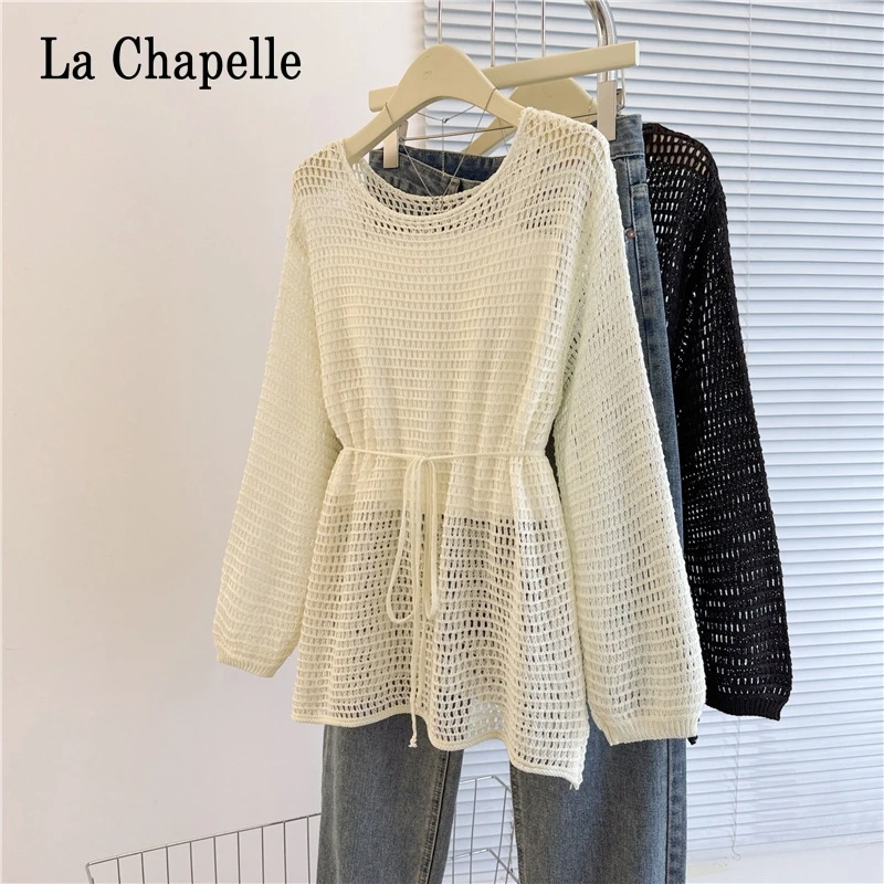 拉夏贝尔度假风网格镂空罩衫夏薄款吊带外搭设计感收腰针织上衣女