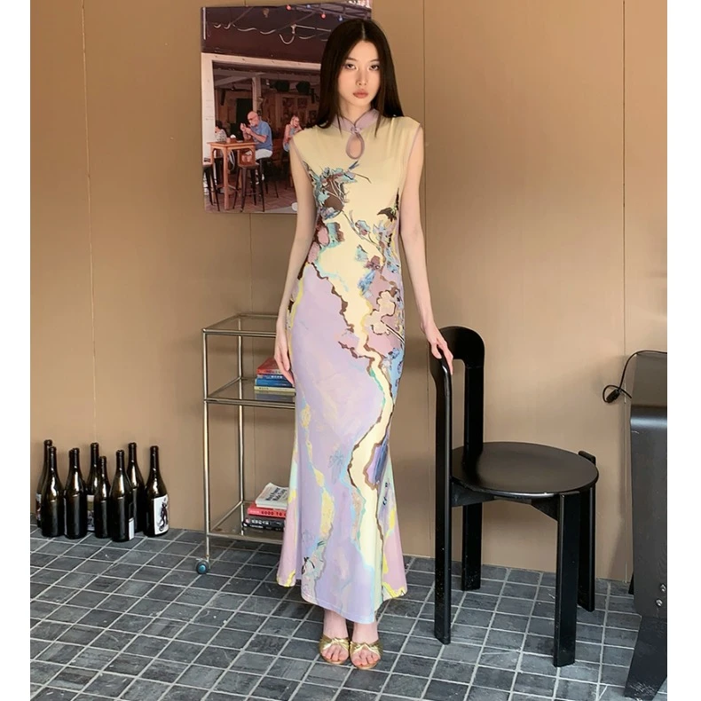 A325 新中式国风设计印花无袖连衣裙女复古气质修身显瘦中长裙