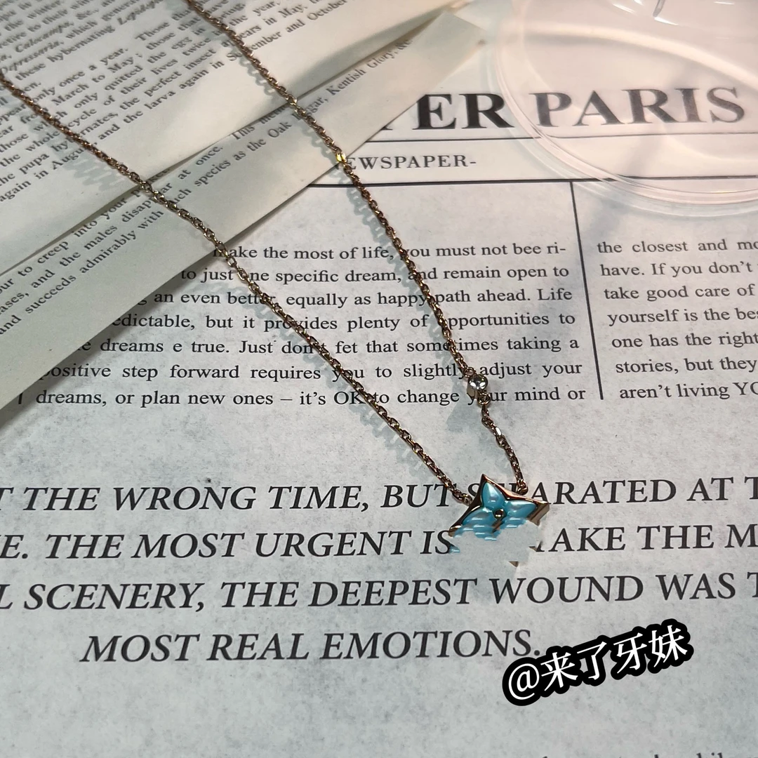 合金项链 YM【玫瑰金链条蓝底四叶项链】小众简约气质百搭复古个性