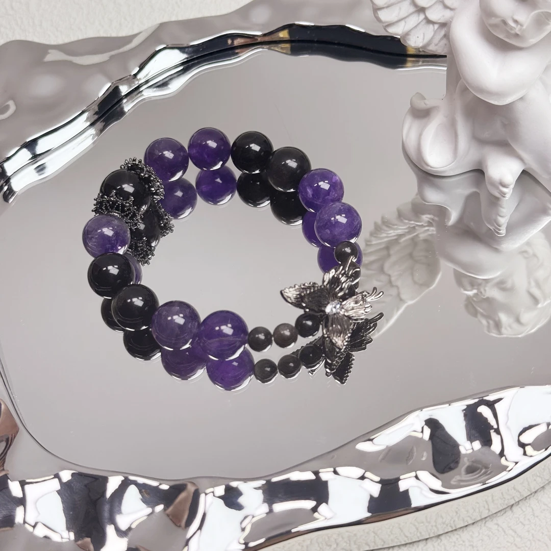 【苗疆少女】乌拉圭紫水晶搭配银曜石单圈手串12mm+多样性发一Y104