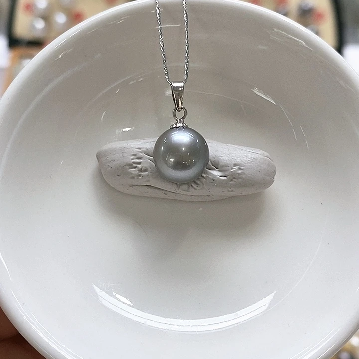 银S925镶嵌海水珍珠吊坠(不含链)铂金灰10-11mm