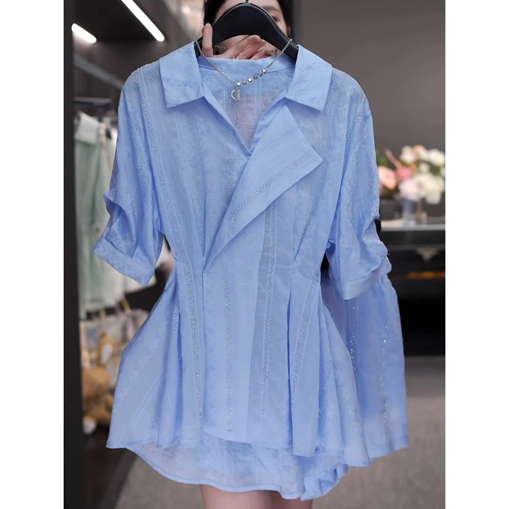 重工烫钻半枪驳领设计条纹衬衫套装女高级感收腰显瘦肌理感两件套