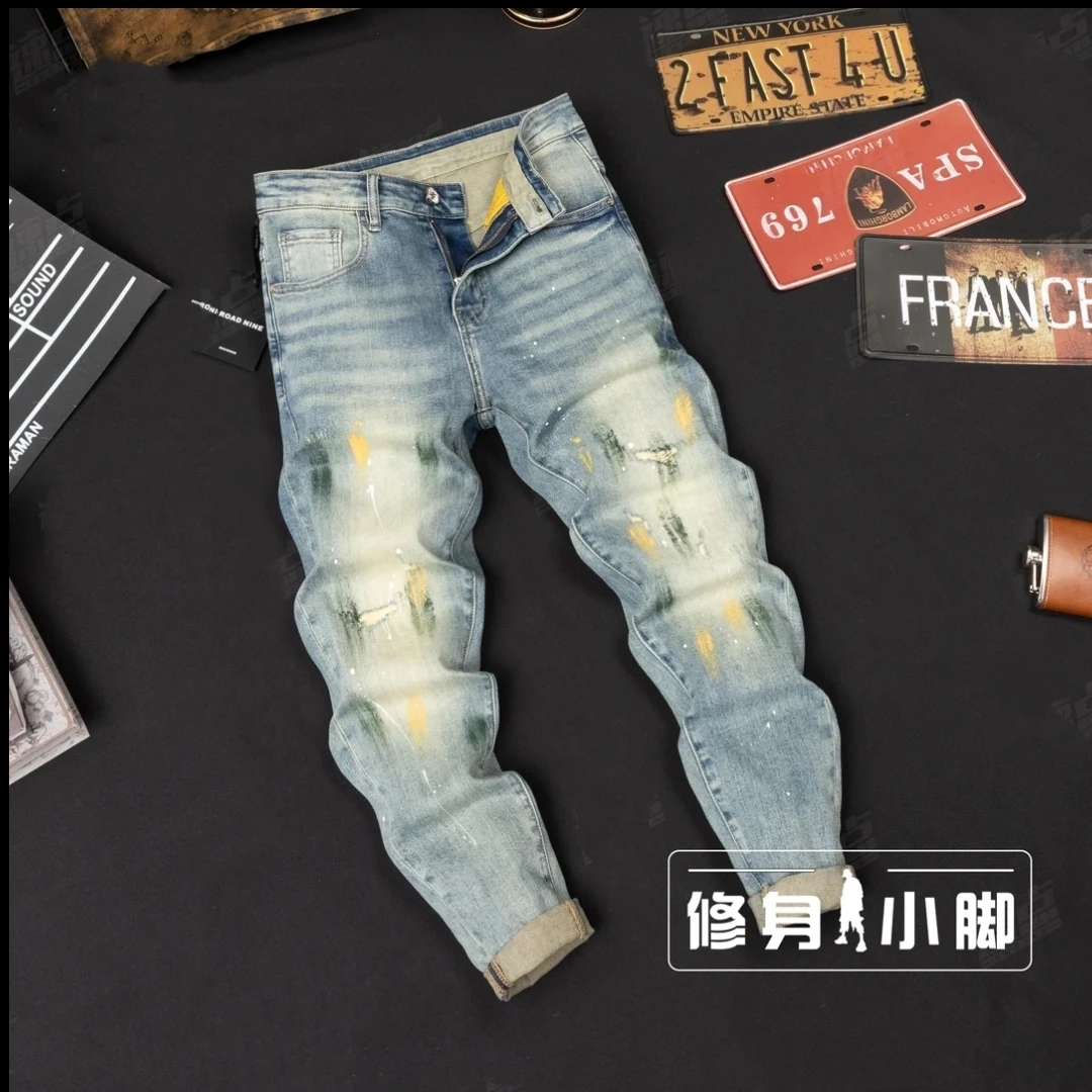 新款时尚破烂泼墨弹力修身小脚牛仔裤男轻奢牛仔裤男微锥男士牛仔
