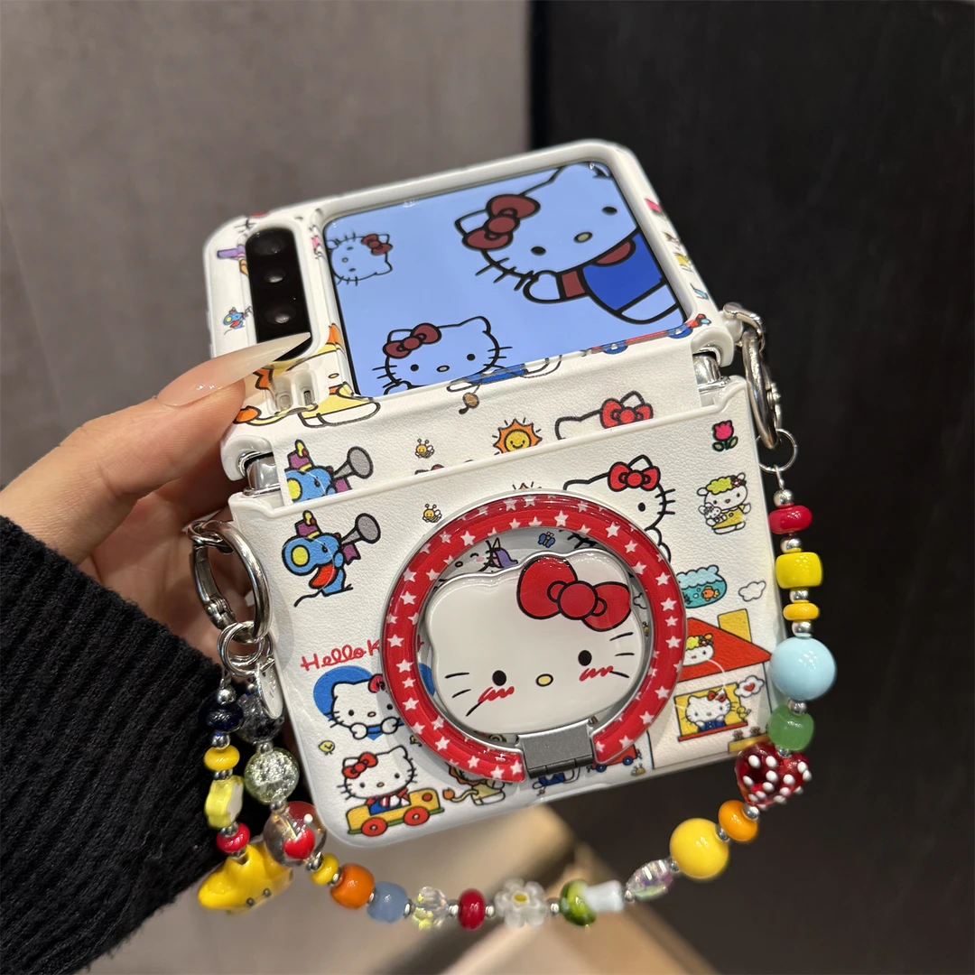 适用华为purax折叠屏手机壳白色皮质pocket2旋转kt猫磁吸支架链条