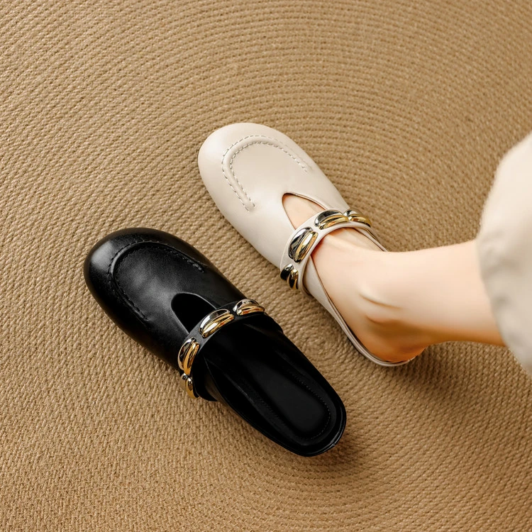 牛羊皮~3.5cm内增高春夏圆头真皮半拖鞋女中跟软皮休闲坡跟包头拖