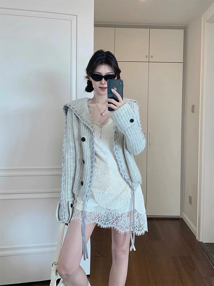 【现货运费险】设计感飘带大翻领毛衣外套少女感显瘦灰色针织开衫