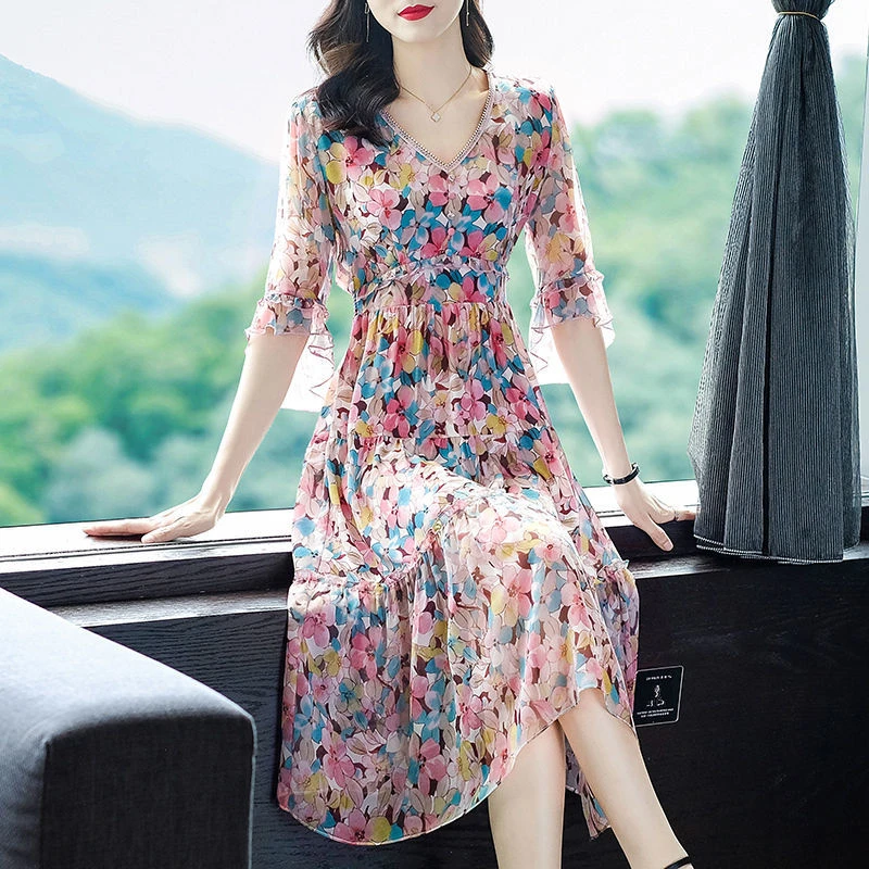 v领重磅仿真丝连衣裙女中长款收腰显瘦仿桑蚕丝裙子2025新款夏